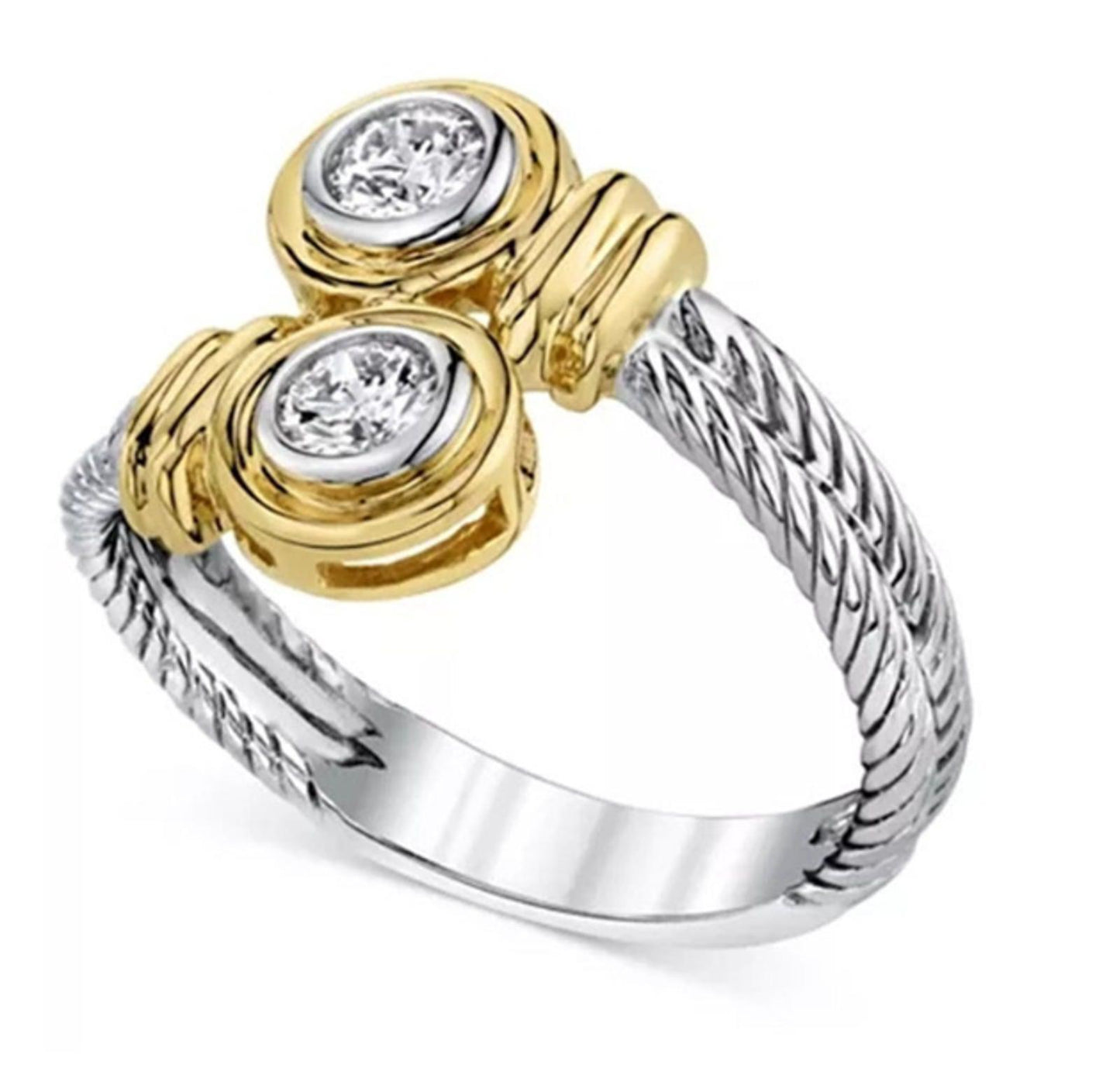 Bypass cable bezel set Ring - Two Tone Silver - CZs - Size 6
