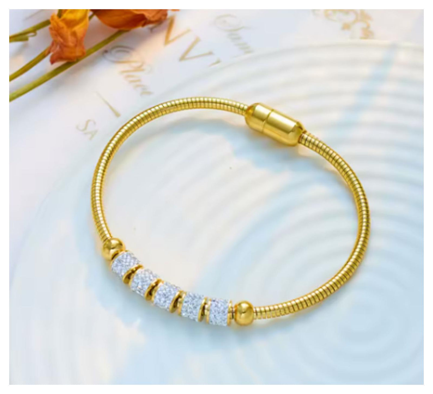 Rhinestone beaded bangle - Bracelet - Gold - CZs - 7.5"