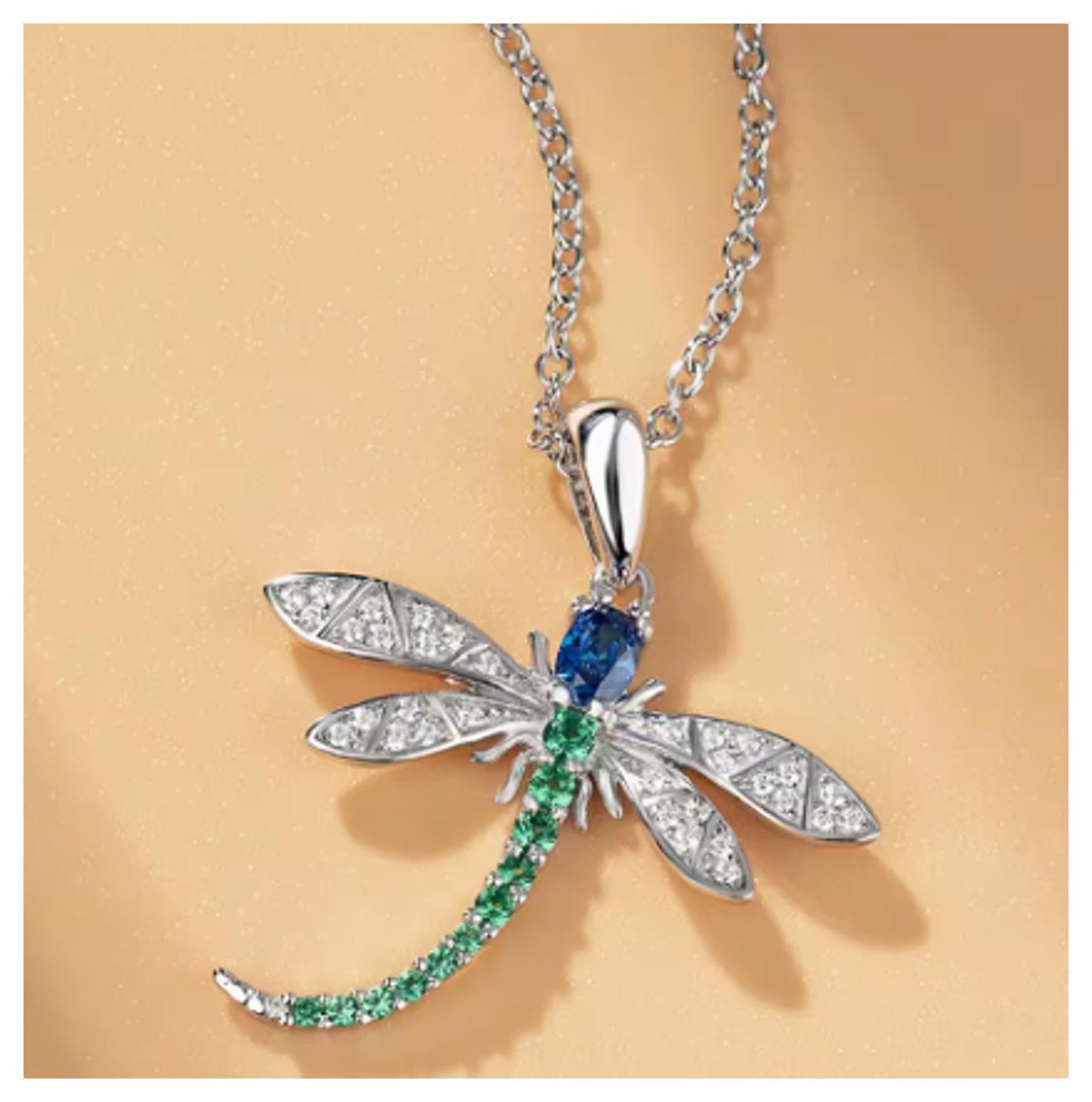 Green and Blue dragonfly pendant - Necklace - Silver - CZs - 18"
