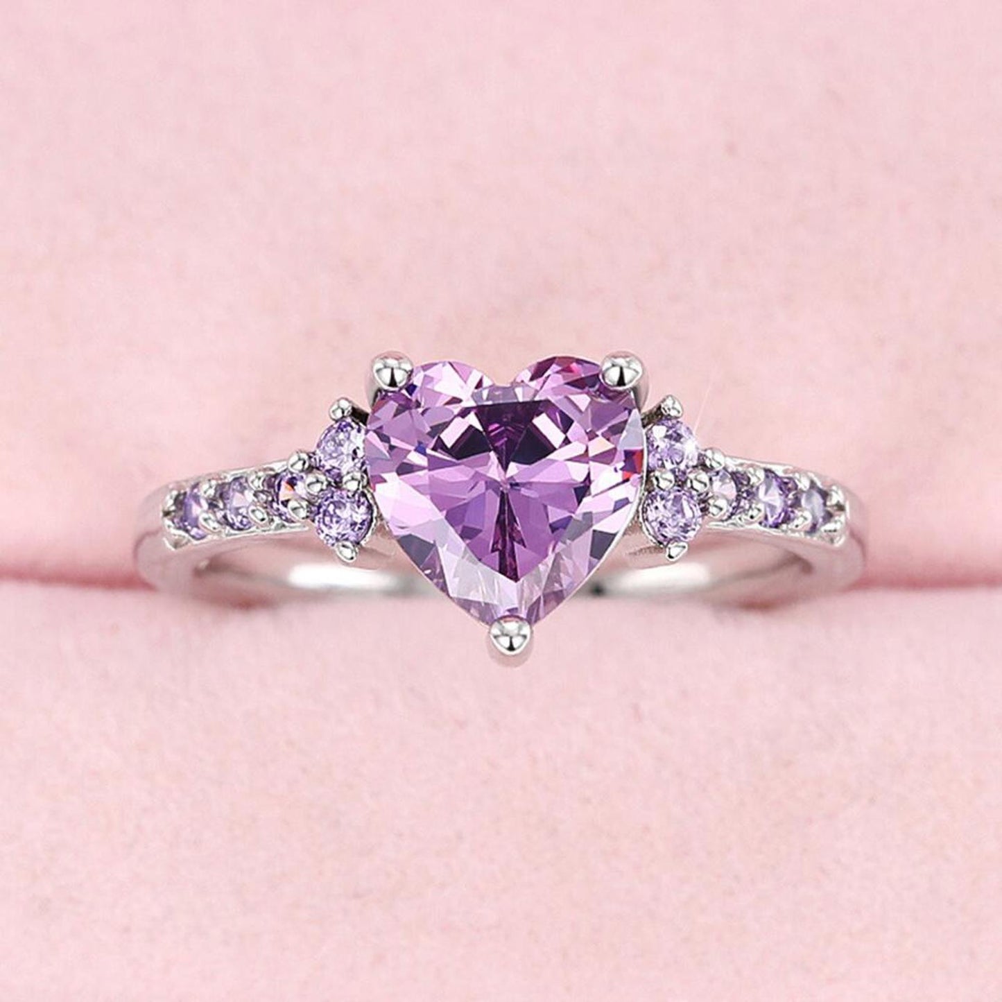Purple heart RING - Silver - CZs - size 7