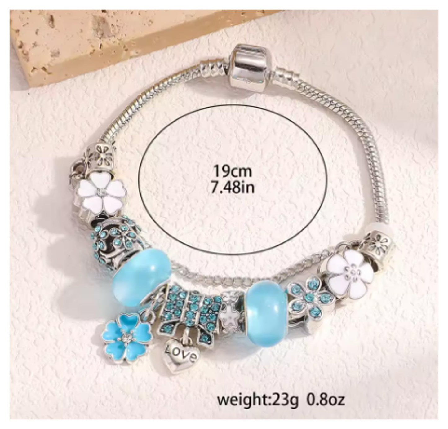 Blue beaded charm - Bracelet - Silver - CZs - 7.5"