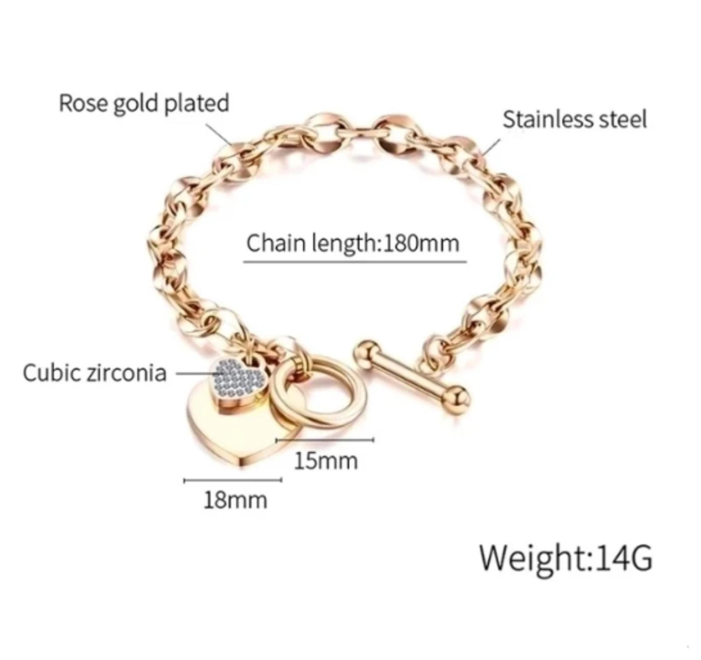 Double heart charm - Bracelet - Rose Gold - CZs - 8"