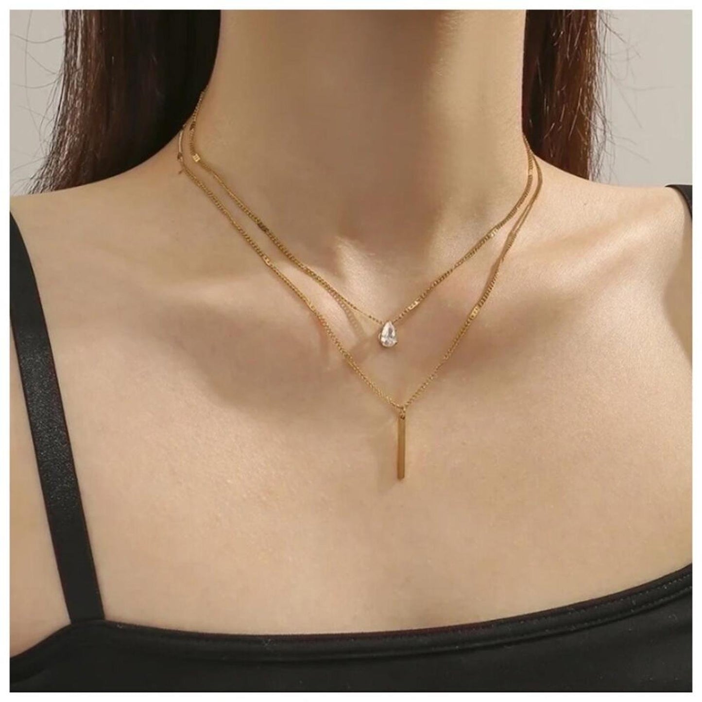 Double Necklace - Gold - CZs - 19"