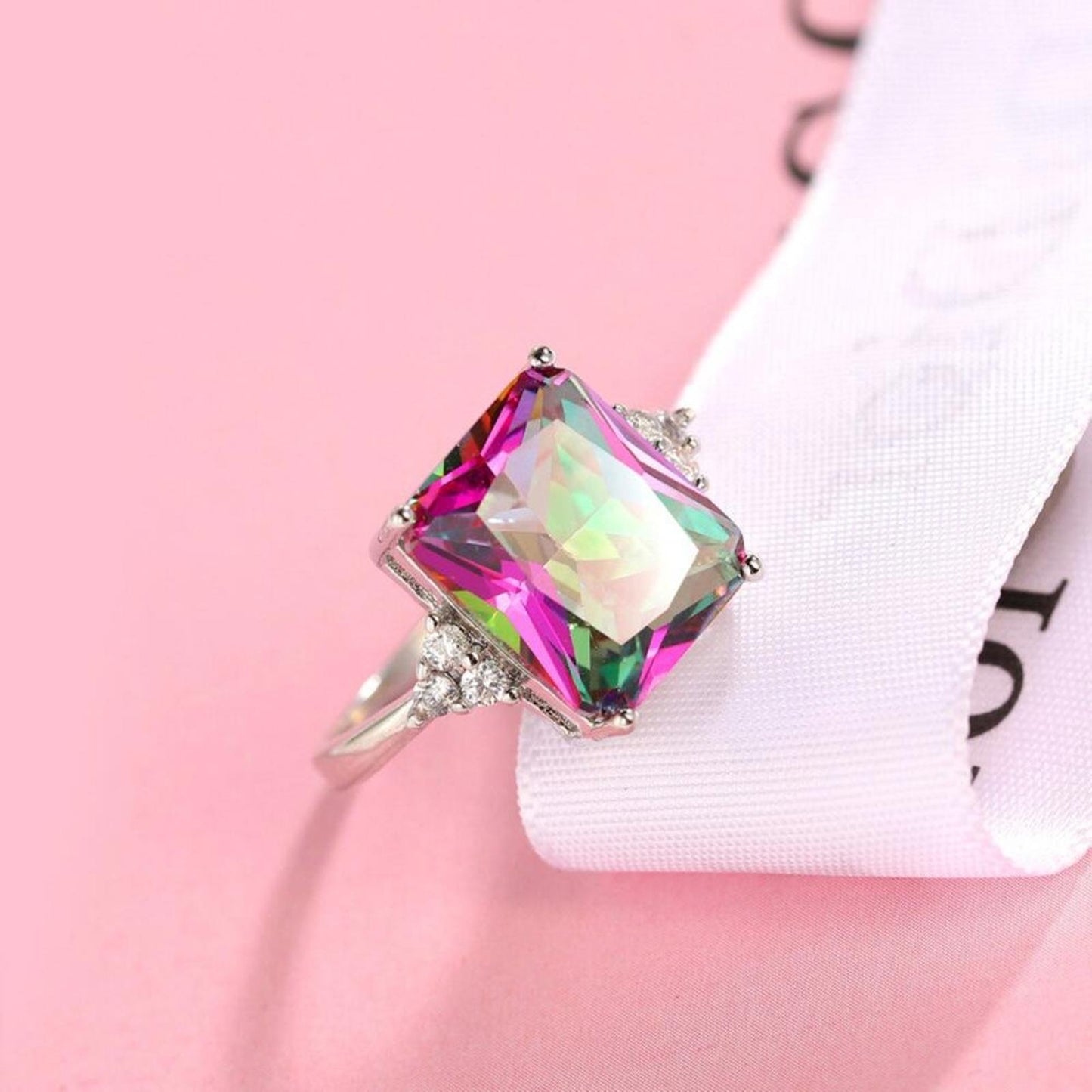 Rainbow radiant cut RING - Silver - CZs - size 6