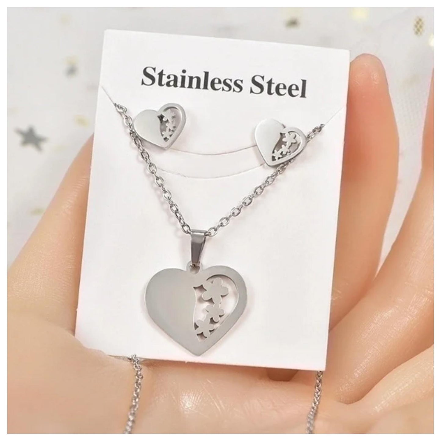 Heart and stars - Necklace/Earring set - Stainless Steel - 18"