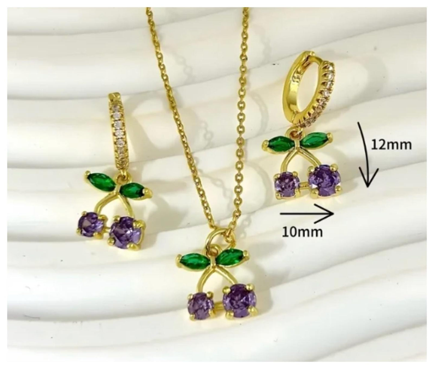 Red-orange cherries- Necklace/Earring set - Gold - CZs - 18"