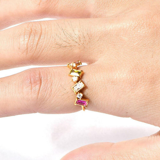 Multicolor rectangle ring - Gold - CZs - size 6