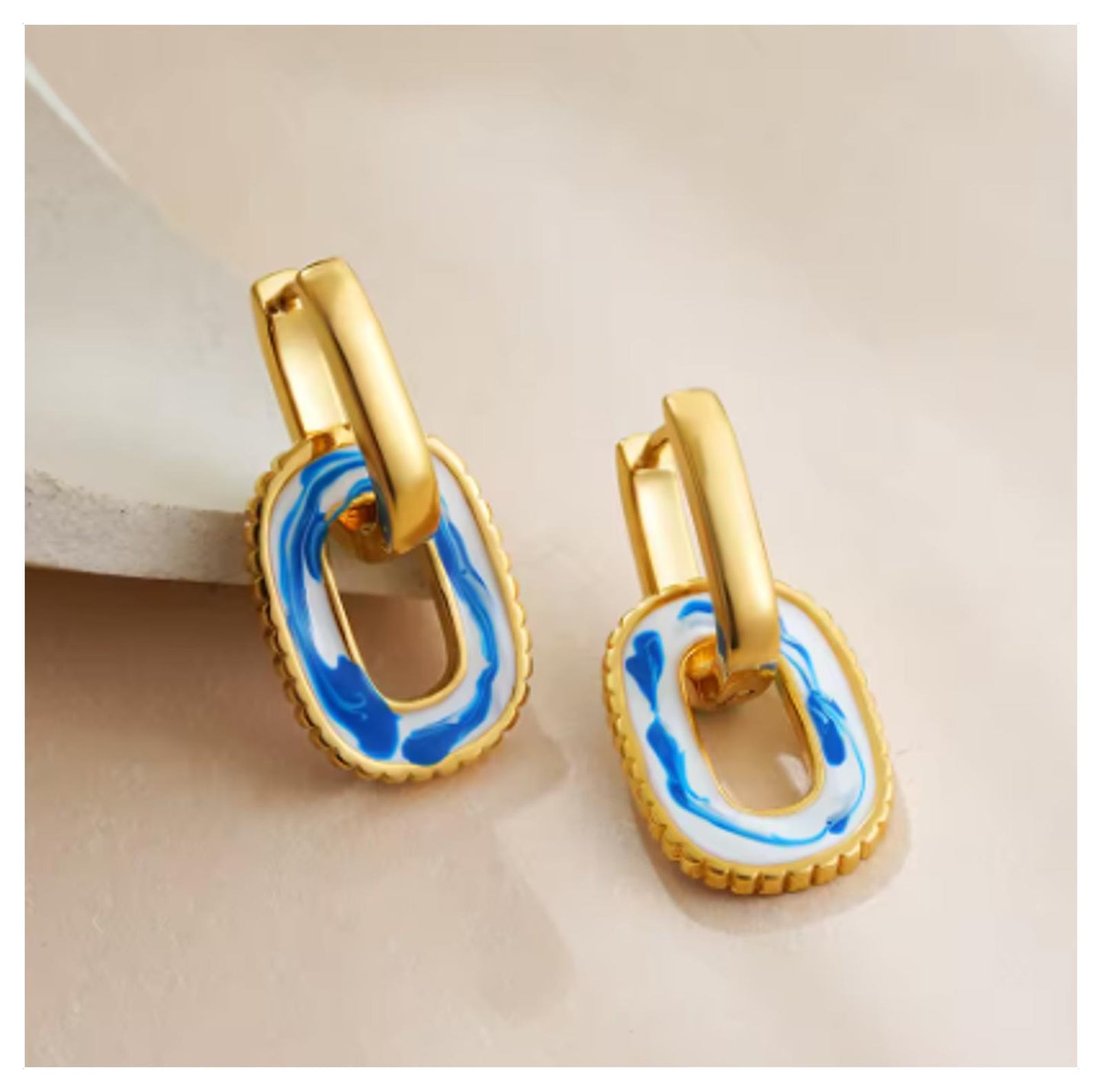 Blue and white enamel - Earrings - Gold - 1"