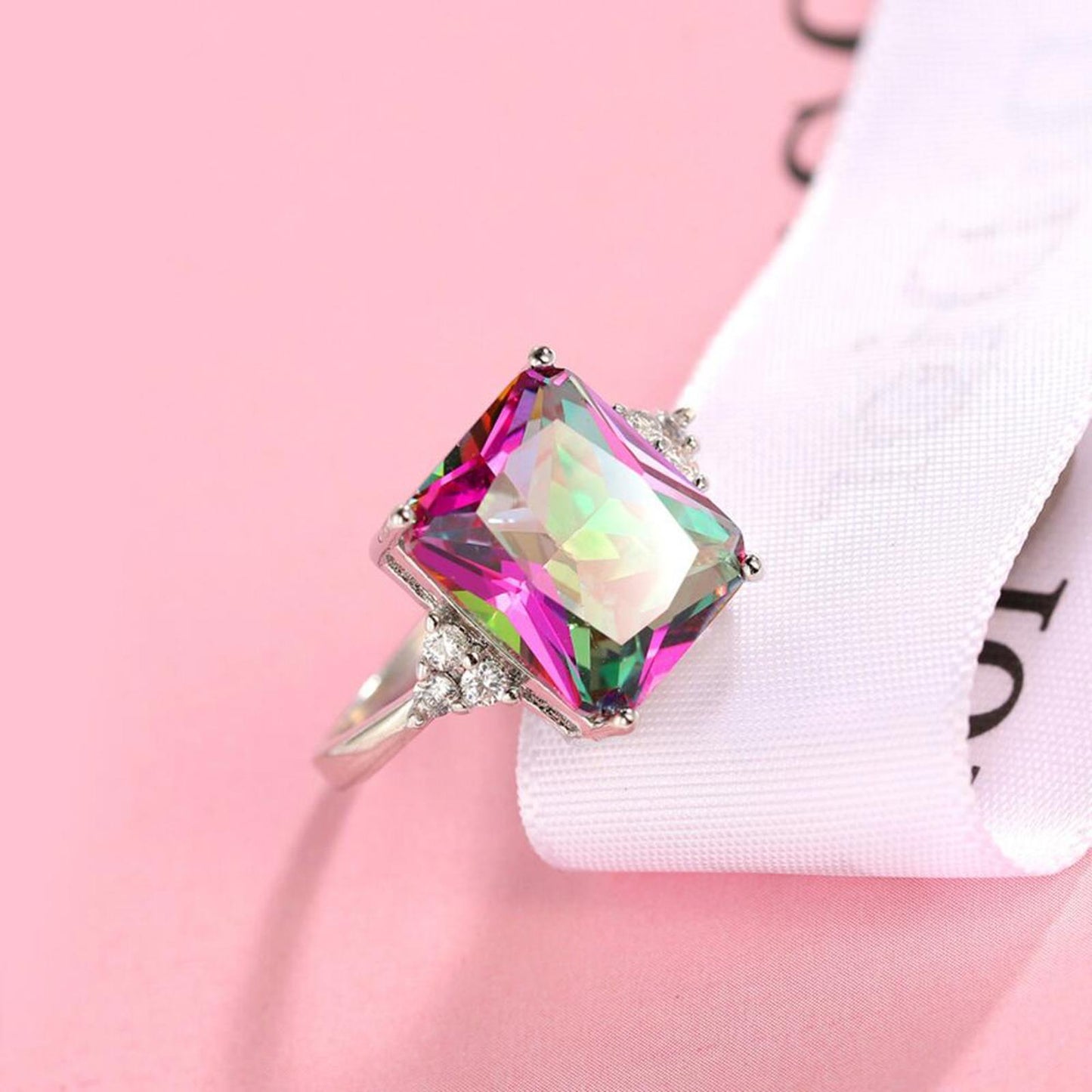 Rainbow radiant cut RING - Silver - CZs - size 9