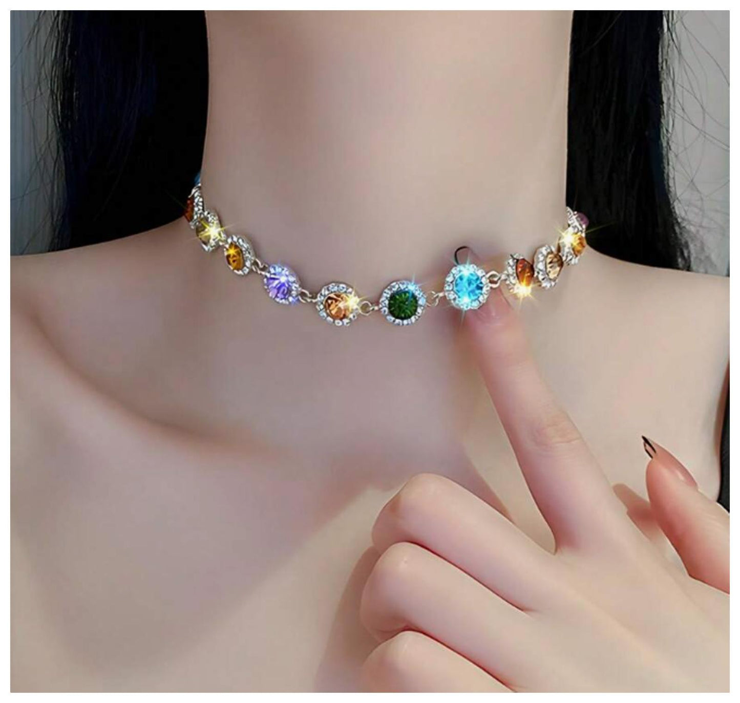Multicolor jewel link - Necklace - Silver - CZs - 17"