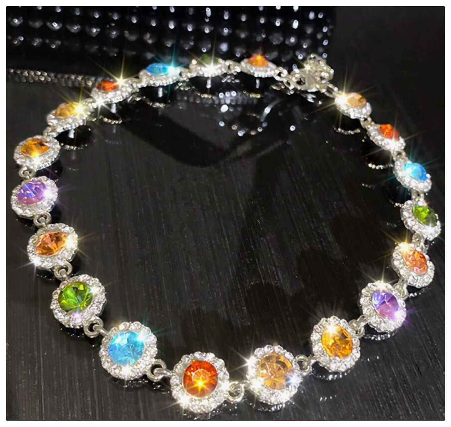 Multicolor jewel link - Necklace - Silver - CZs - 17"