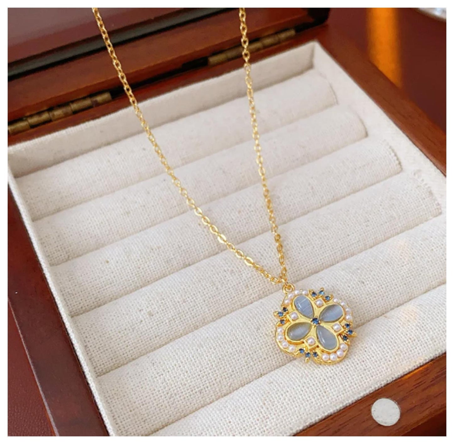 Gray Vintage cat's eye and pearl - Necklace/Earring set - Gold - CZs - 18"