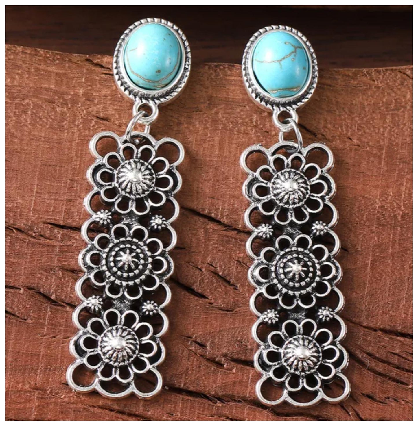 Natural turquoise rectangle retro - Earrings - Gold - 5.6cm