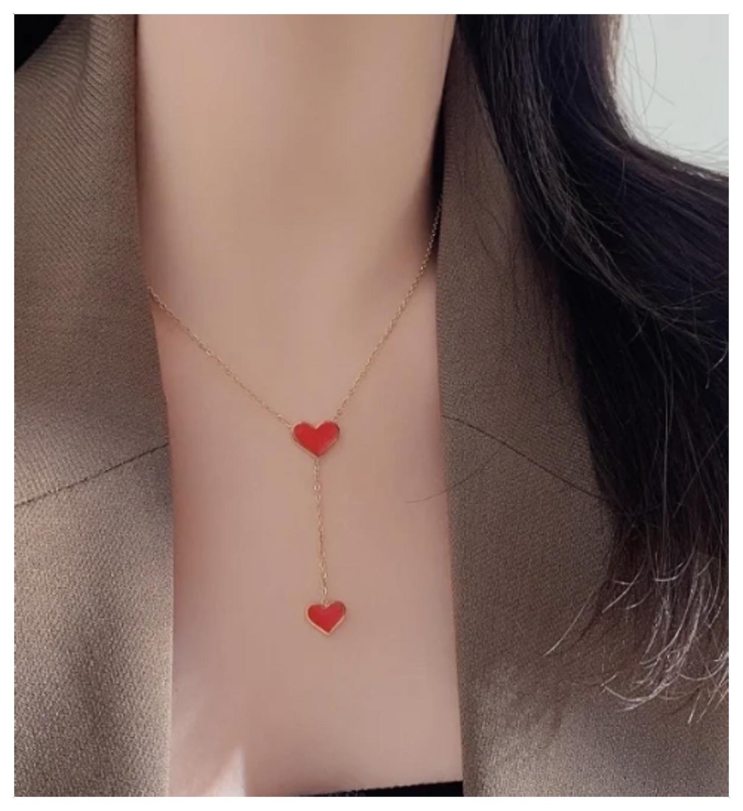 Red hearts Y-shaped - Necklace/Earring set - Gold - CZs - 18"
