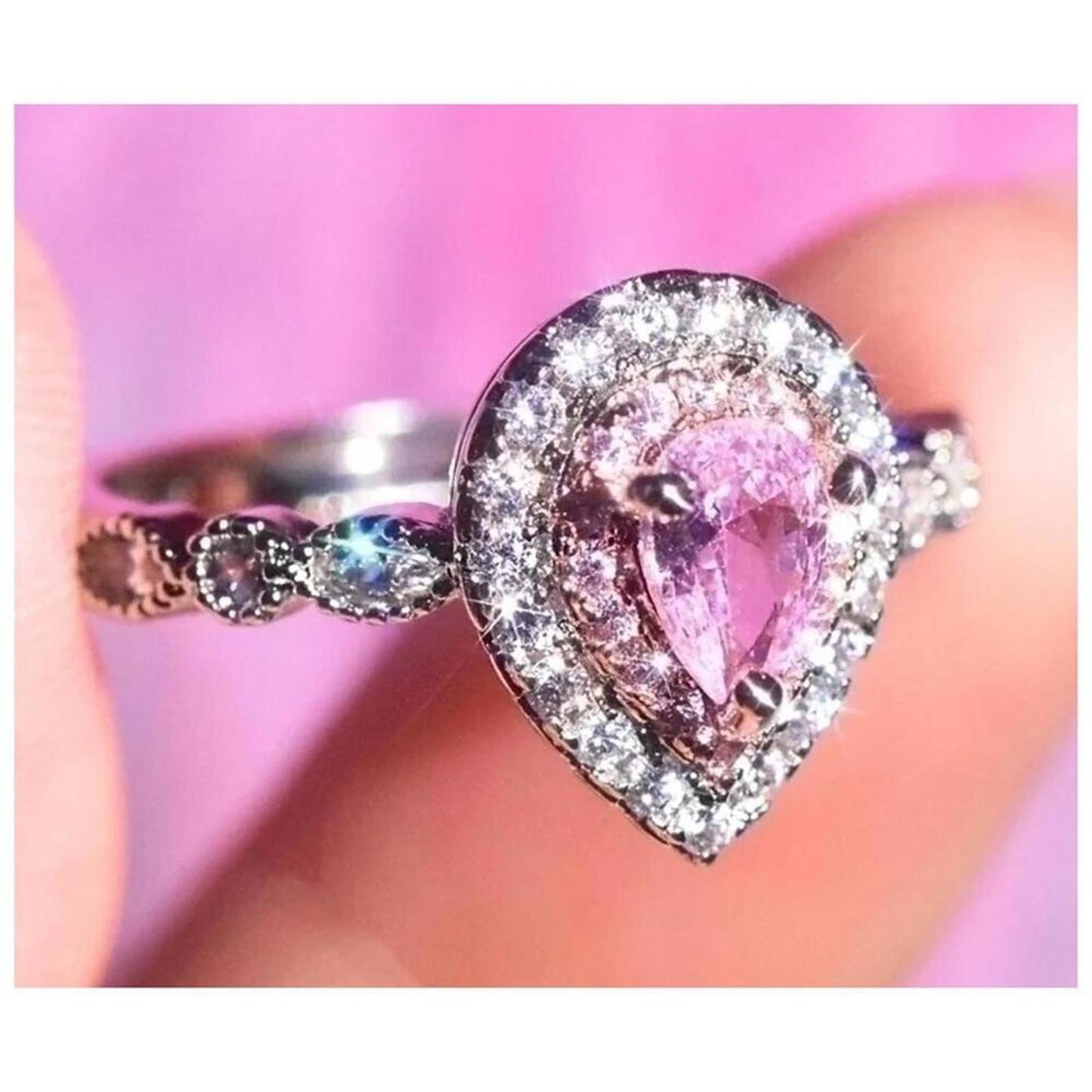 Pink Teardrop double halo ring - silver - CZs - size 9.