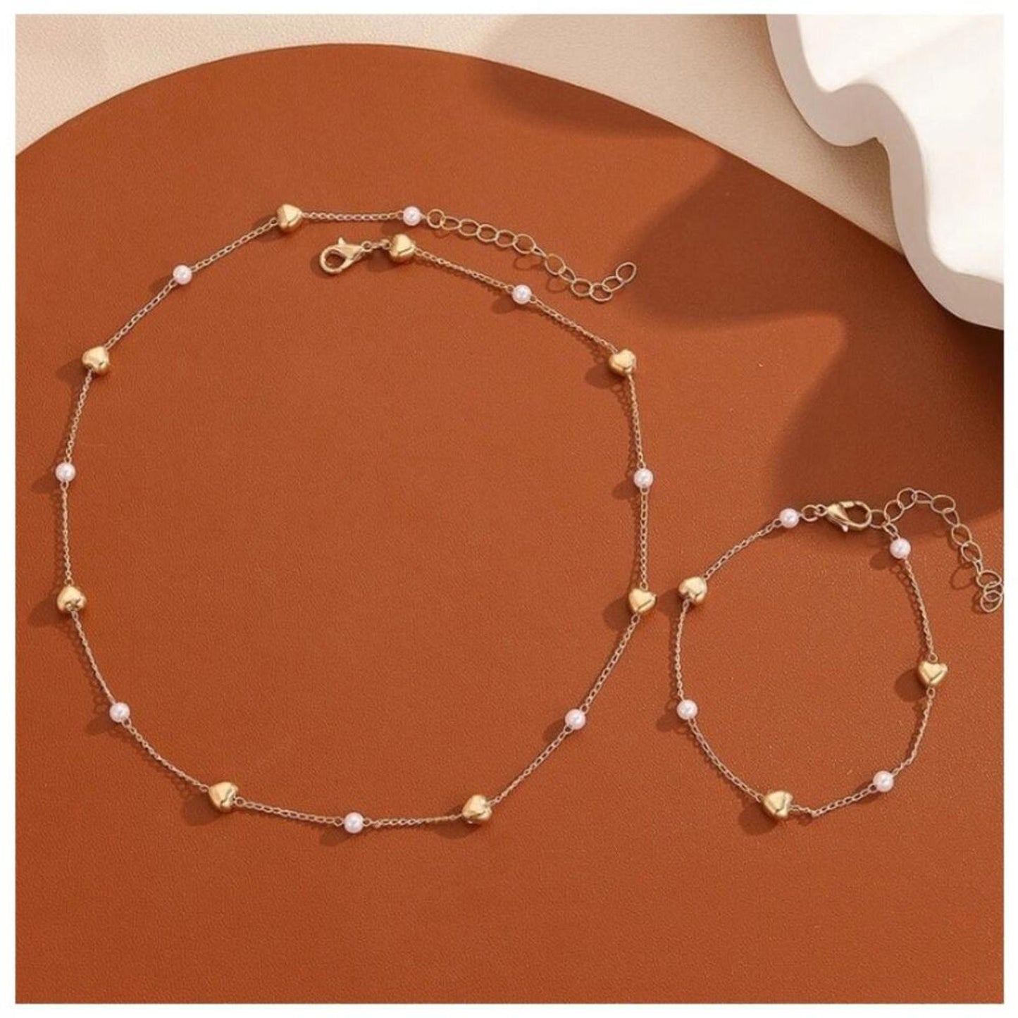 Heart and Pearl Set - Gold - 16-18" Necklace & Bracelet