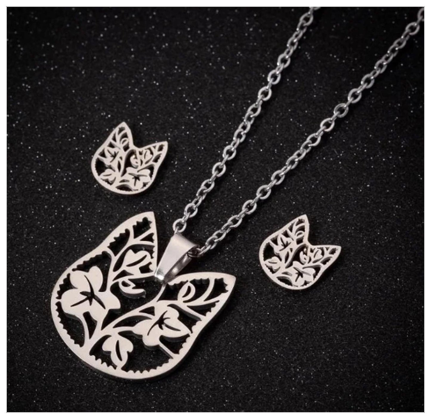 Cat and flowers - Necklace/Earring set - Stainless Steel - 18"