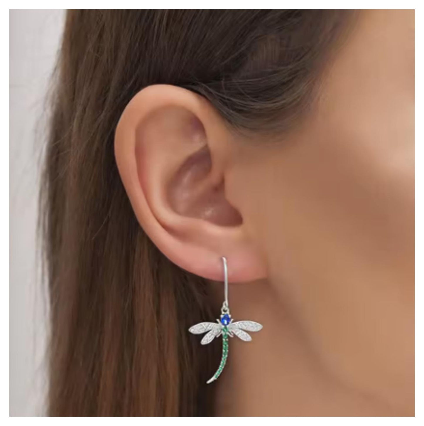 Green and blue dragonfly - Earrings - Silver - CZs - 18"