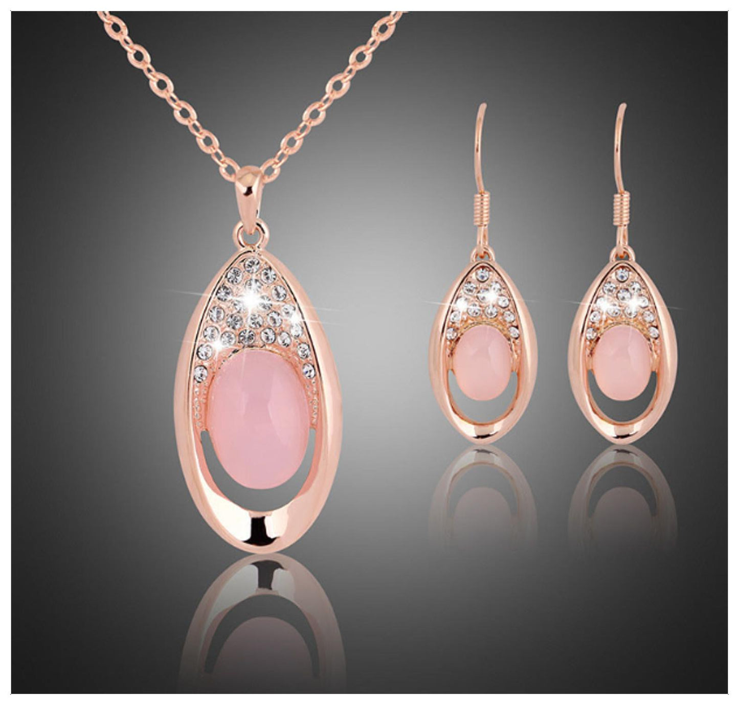 Pink oval Necklace/Earring set - Rose Gold - CZs - 18"