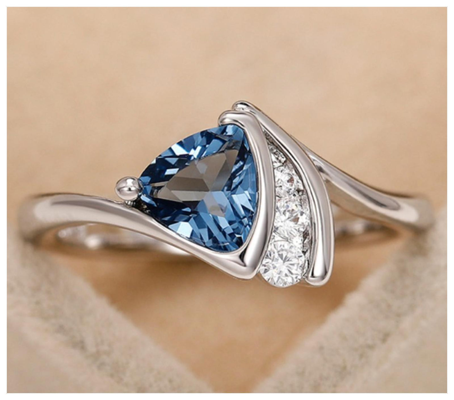 Blue triangle Ring - Silver - CZs - Size 8