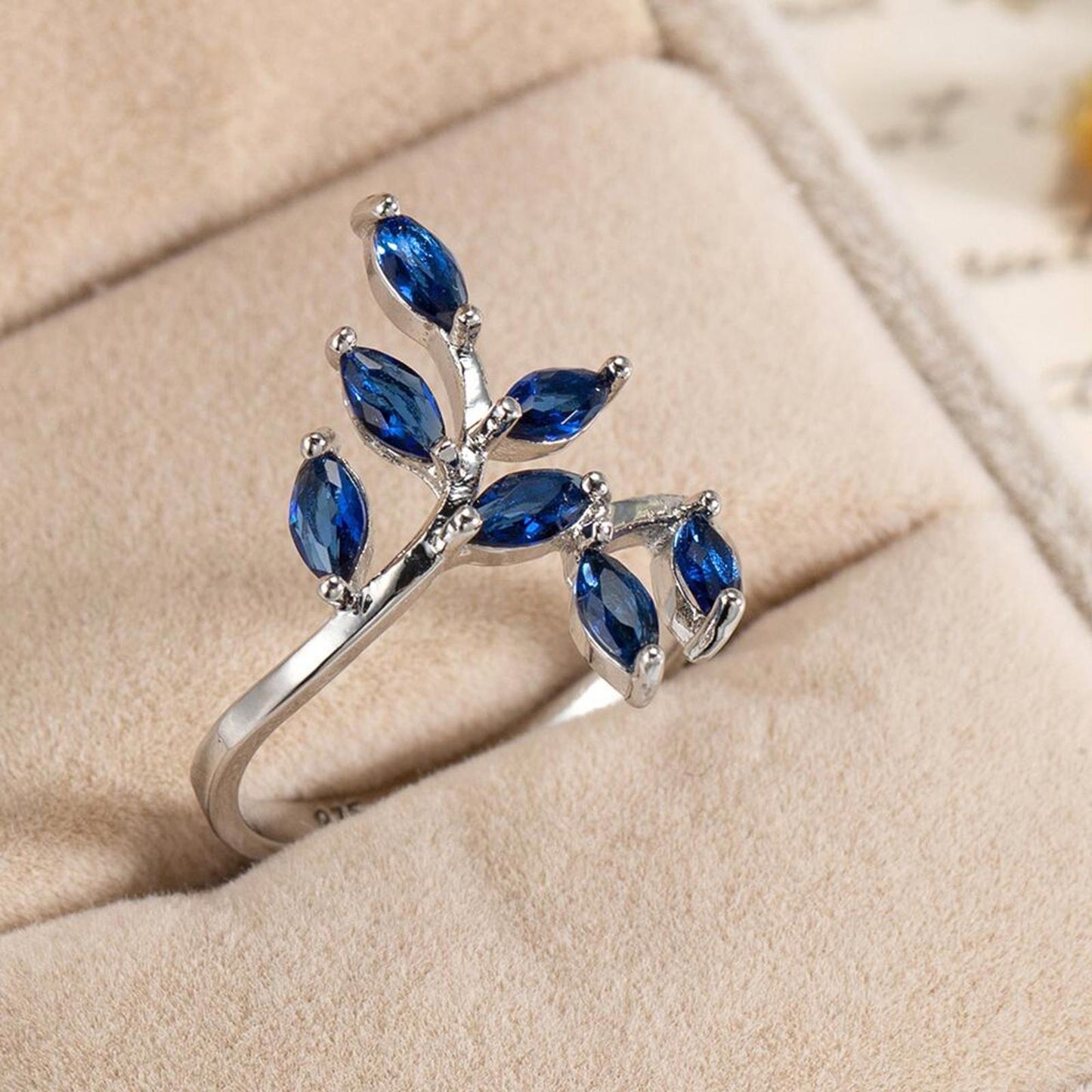 Blue leaf bypass RING - Silver - CZs - size 9