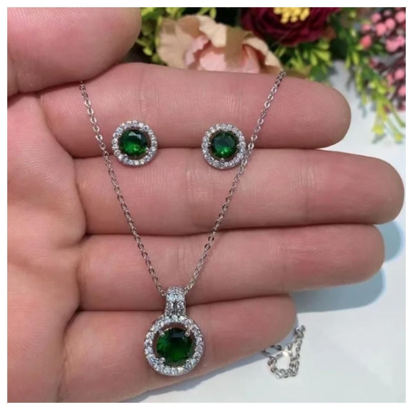 Green round - Necklace/Earring set - Silver - CZs - 18"