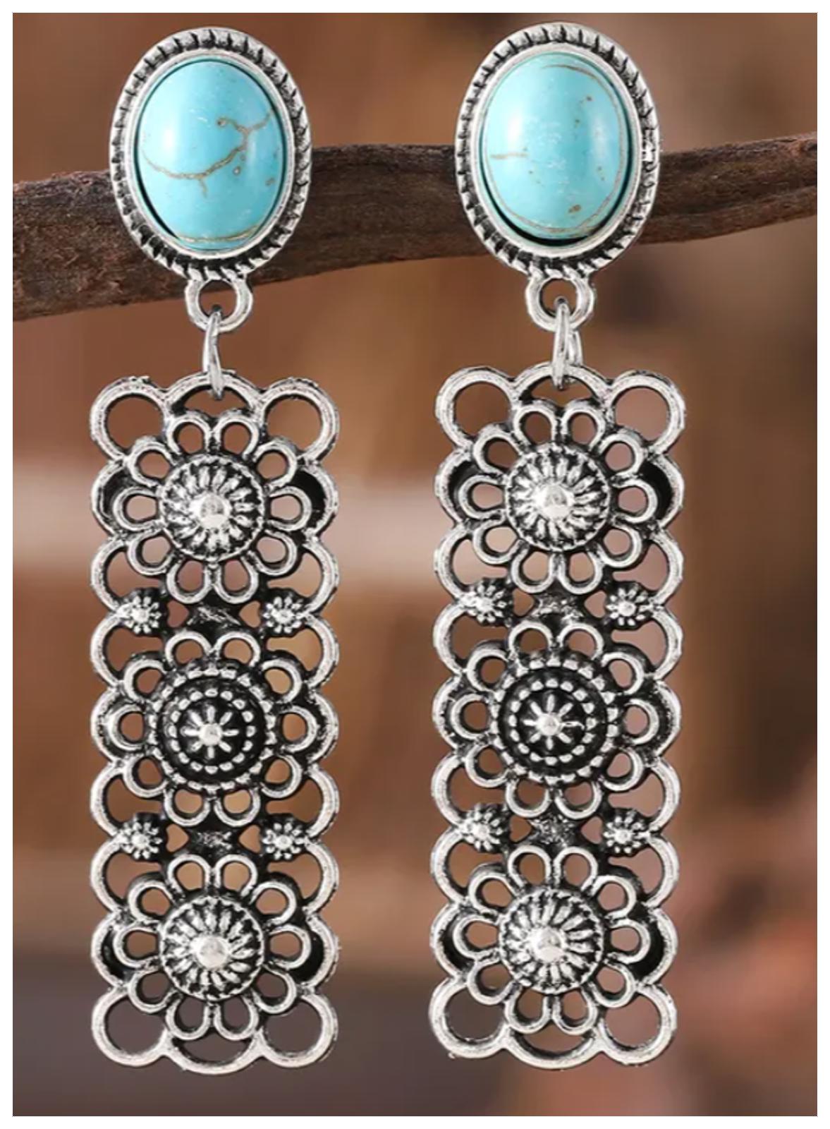 Natural turquoise rectangle retro - Earrings - Gold - 5.6cm