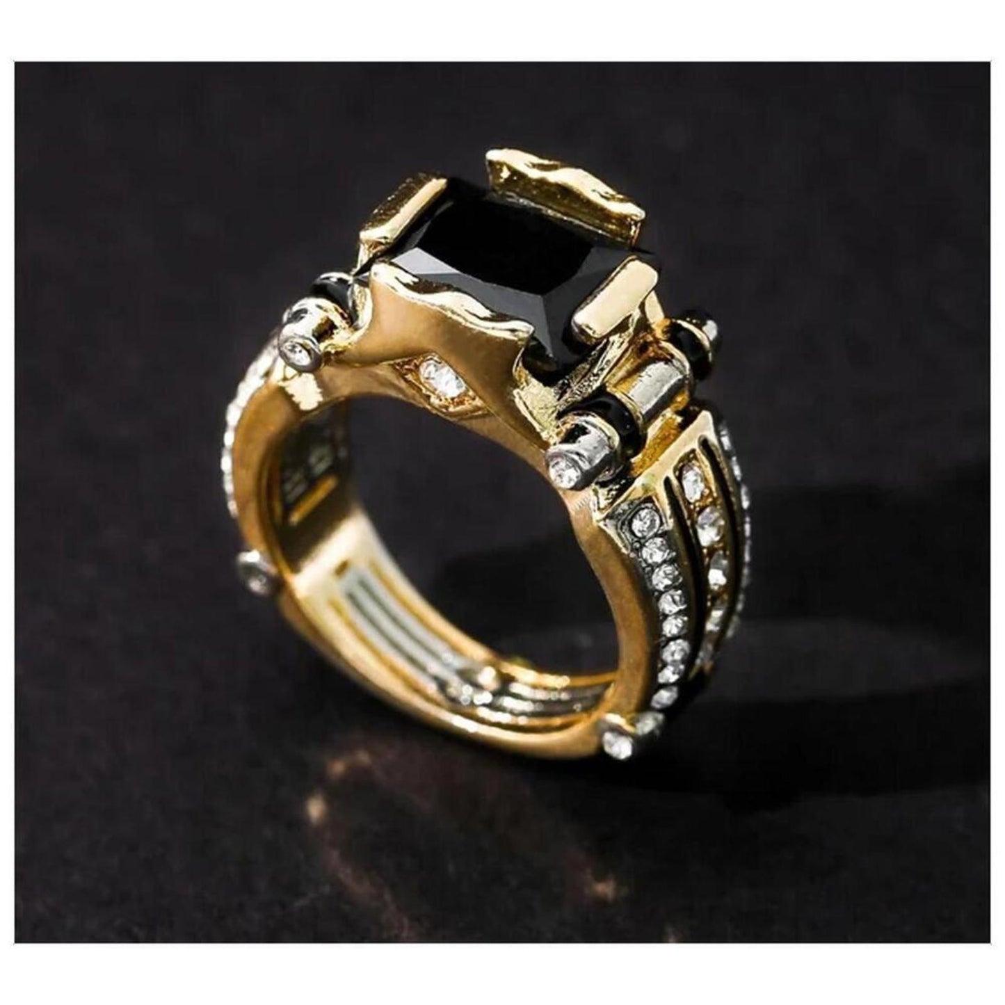 Black vintage style ring - gold and silver - CZs - size 11.