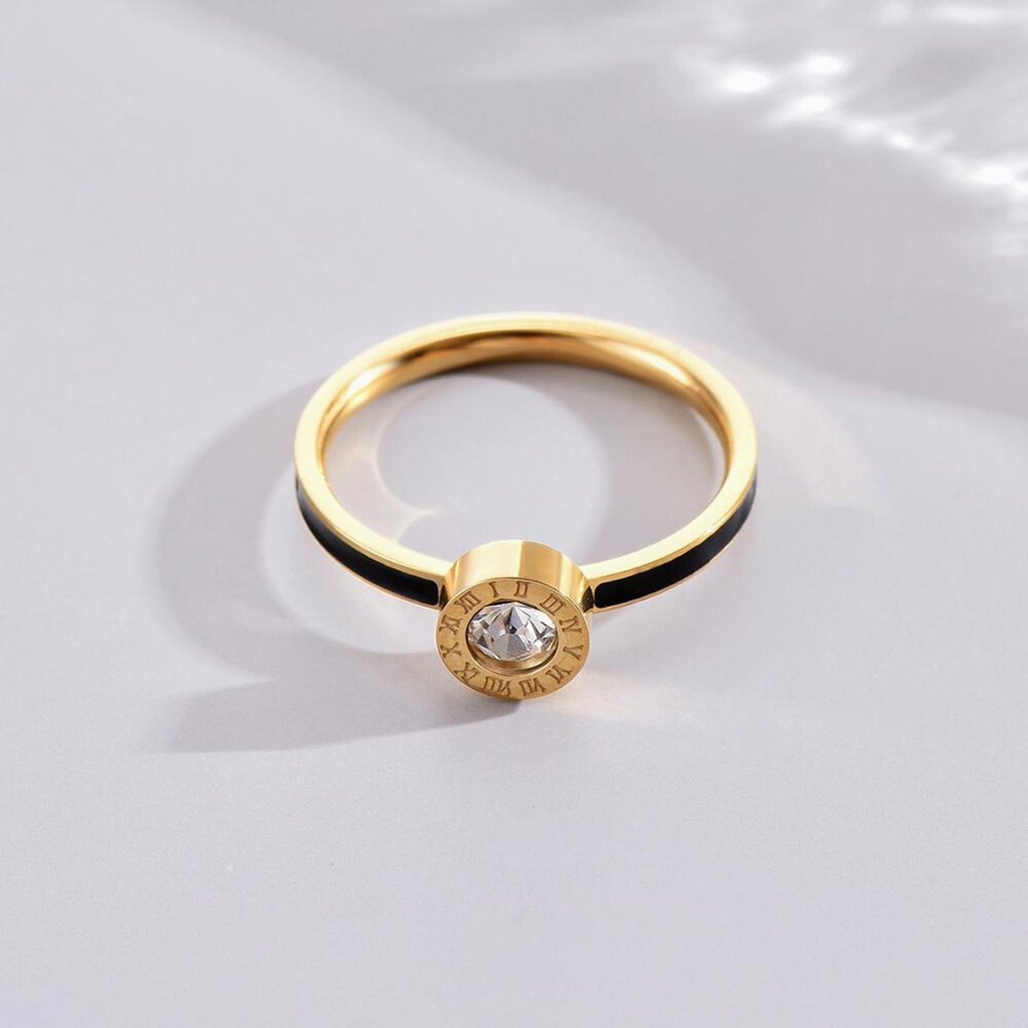 Black enamel bezel set roman numeral RING - Gold - CZs - size 6