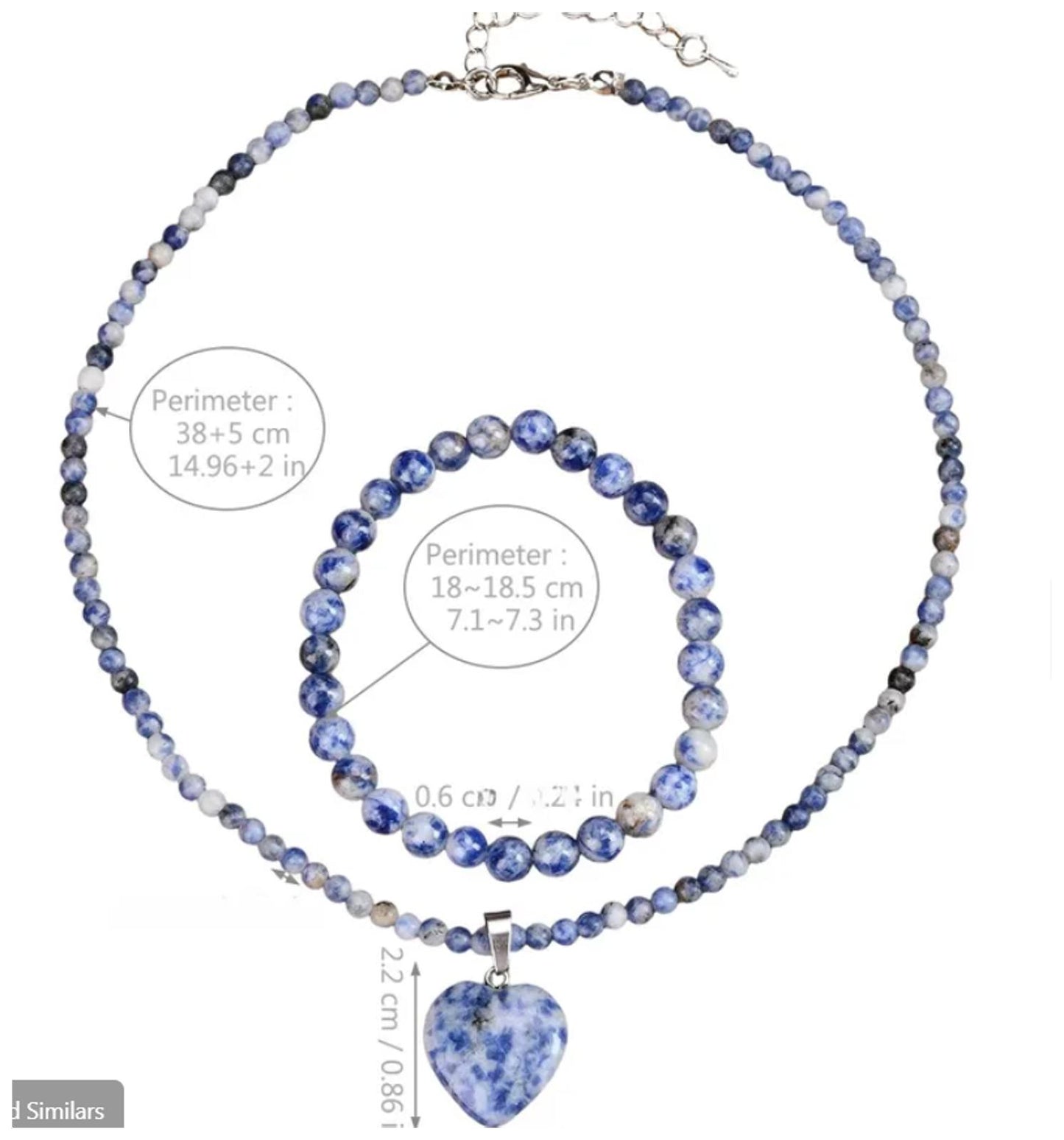 Natural blue dot jasper beaded - Necklace/Earring set - Silver - 17"