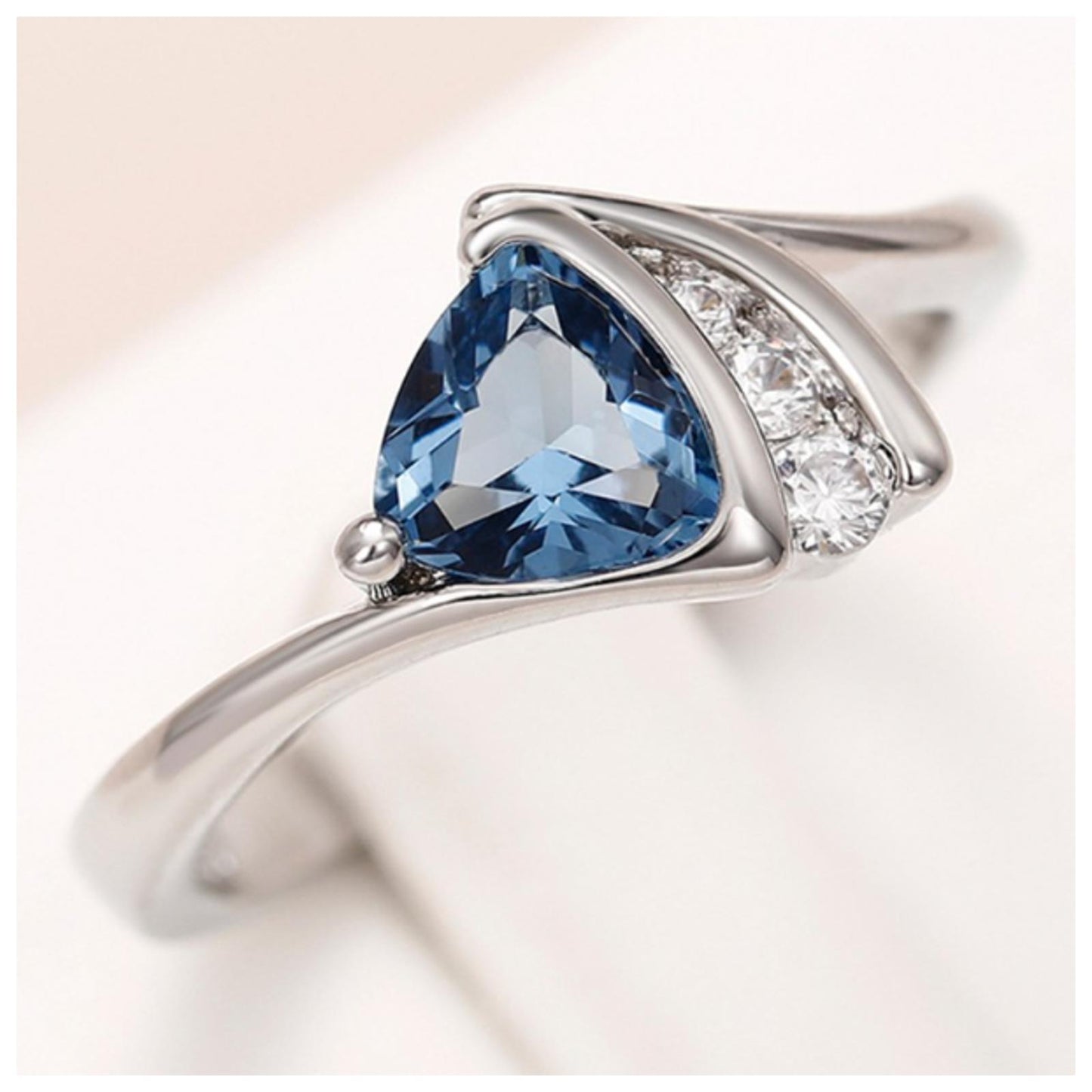 Blue triangle Ring - Silver - CZs - Size 8