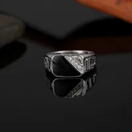 Black enamel accent - Ring - silver - CZs - Size 8