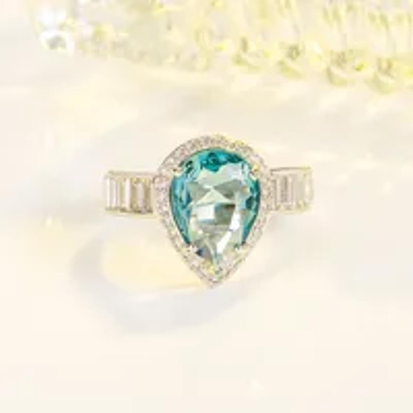 Teal aqua pear halo - Ring - Silver - CZs - Size 7