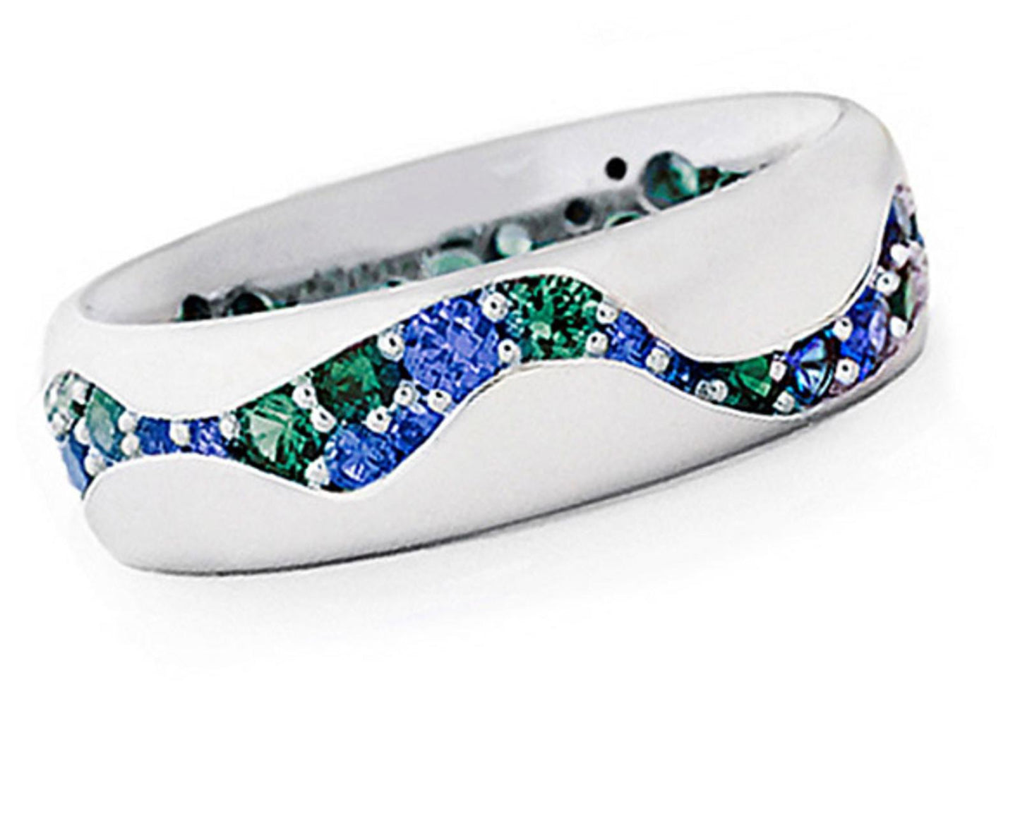 Blue green wave band Ring - Silver - CZs - Size 8