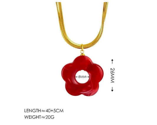 Red flower pendant - Necklace - Gold - 18"
