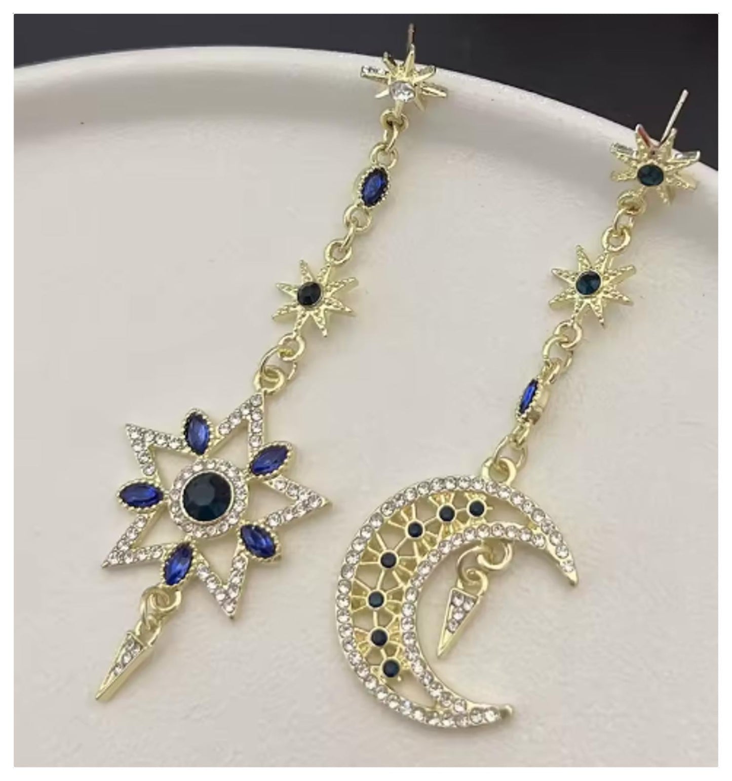 Asymmetric Moon and Star Earrings - Gold - CZs - 2.5"