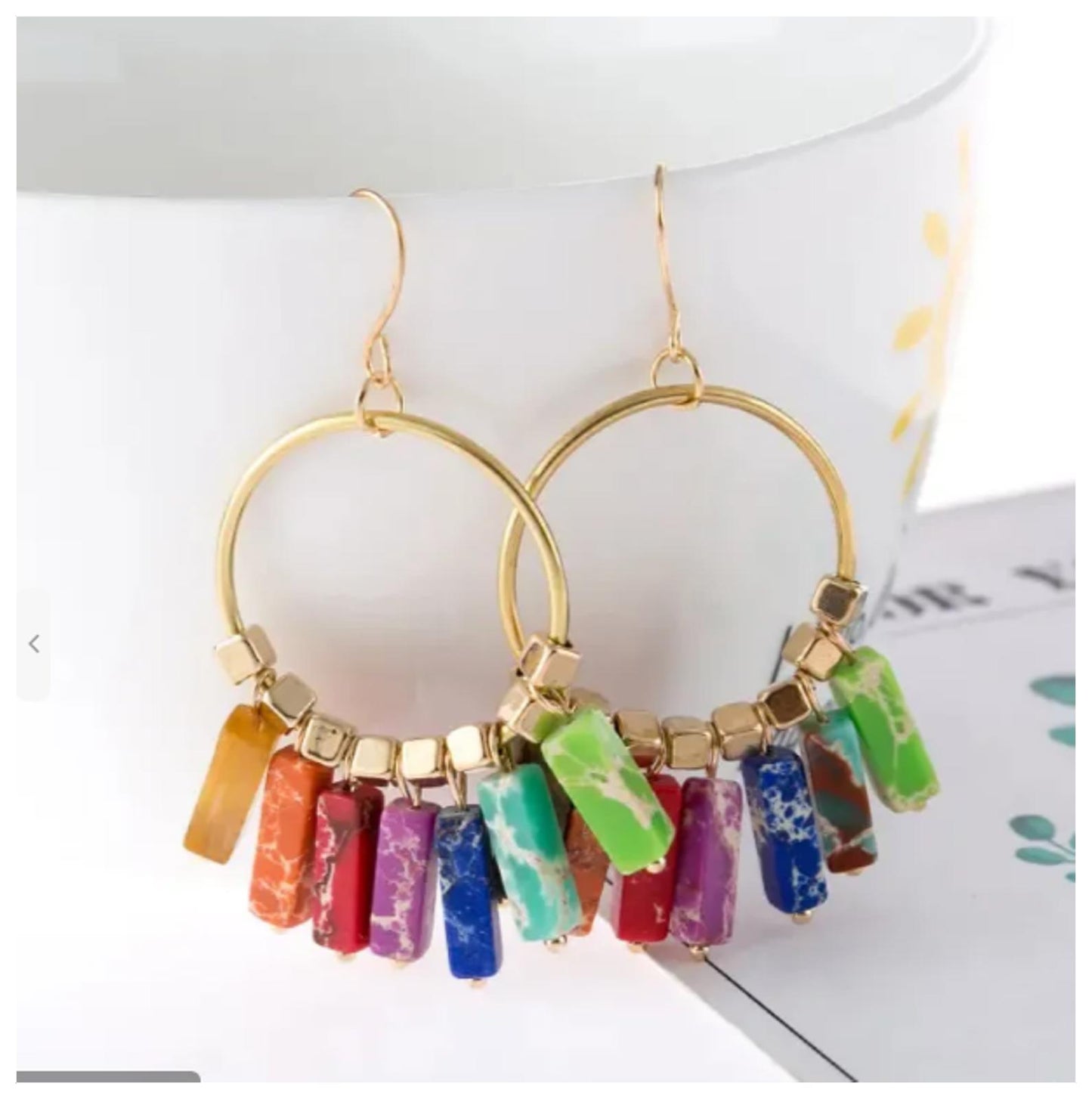 Natural Jasper cuboid multicolor - Earrings - Gold - 2"
