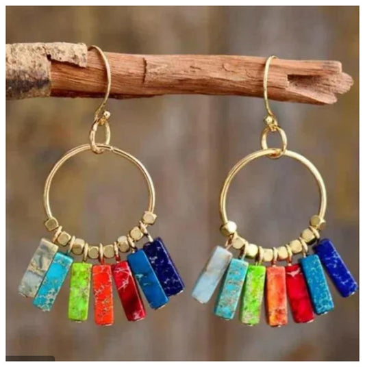 Natural Jasper cuboid multicolor - Earrings - Gold - 2"