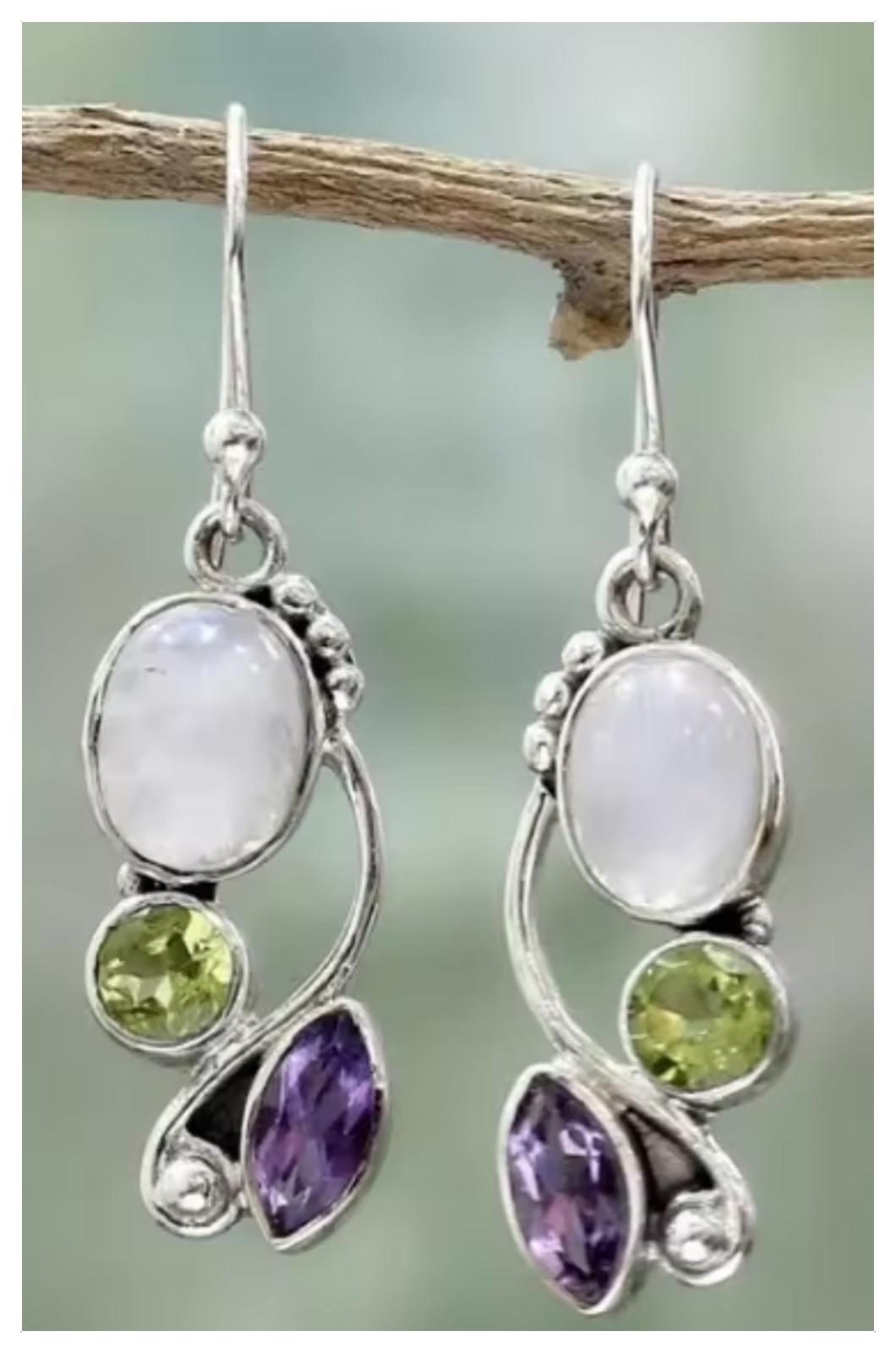 White, green, purple - Earrings - Silver - 1.2"