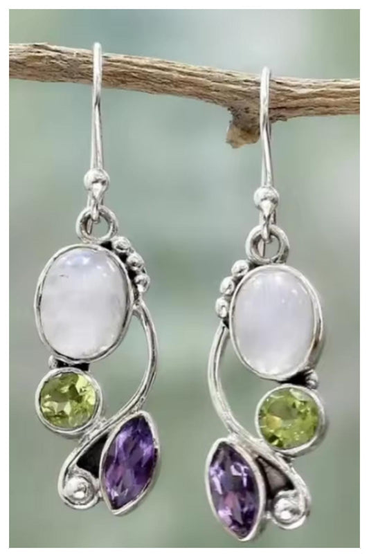 White, green, purple - Earrings - Silver - 1.2"