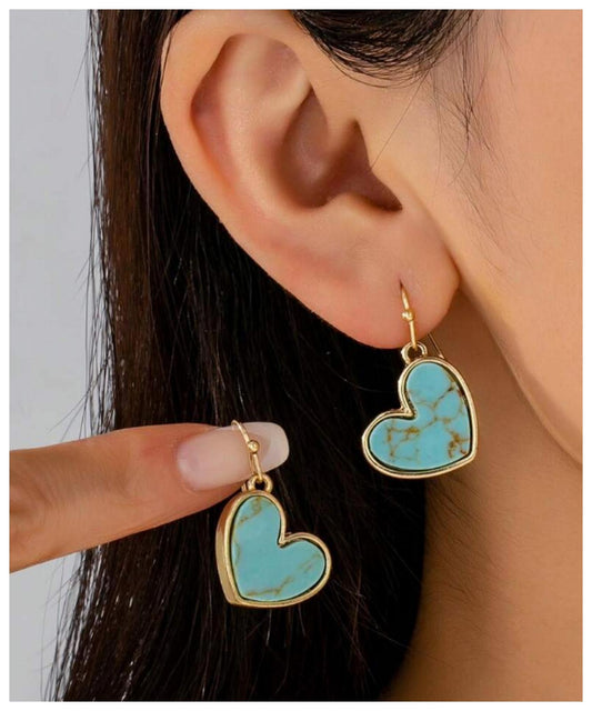 Turquoise colored heart Earrings - Gold - 1"