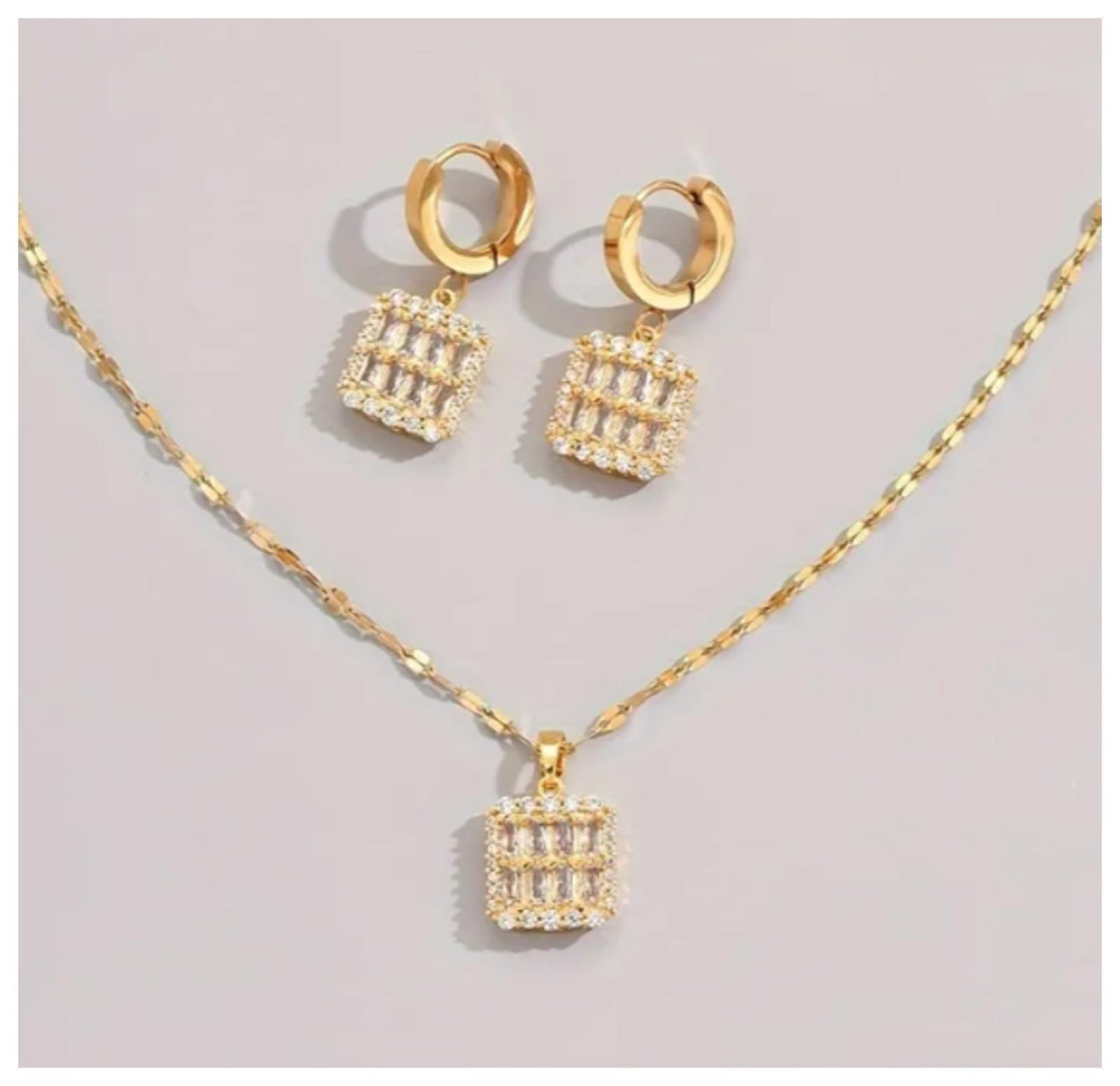 Square baguette and round Necklace/Earring set - Gold - CZs - 18"