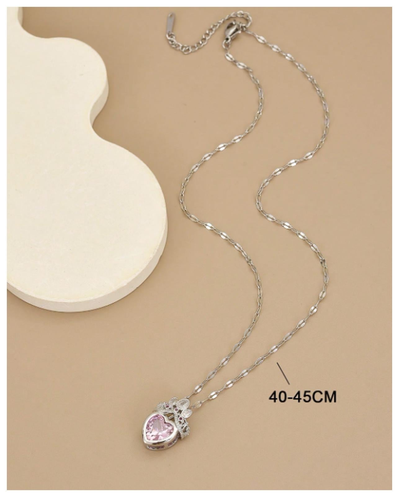 PInk heart crown - Necklace - Silver - CZs - 18"