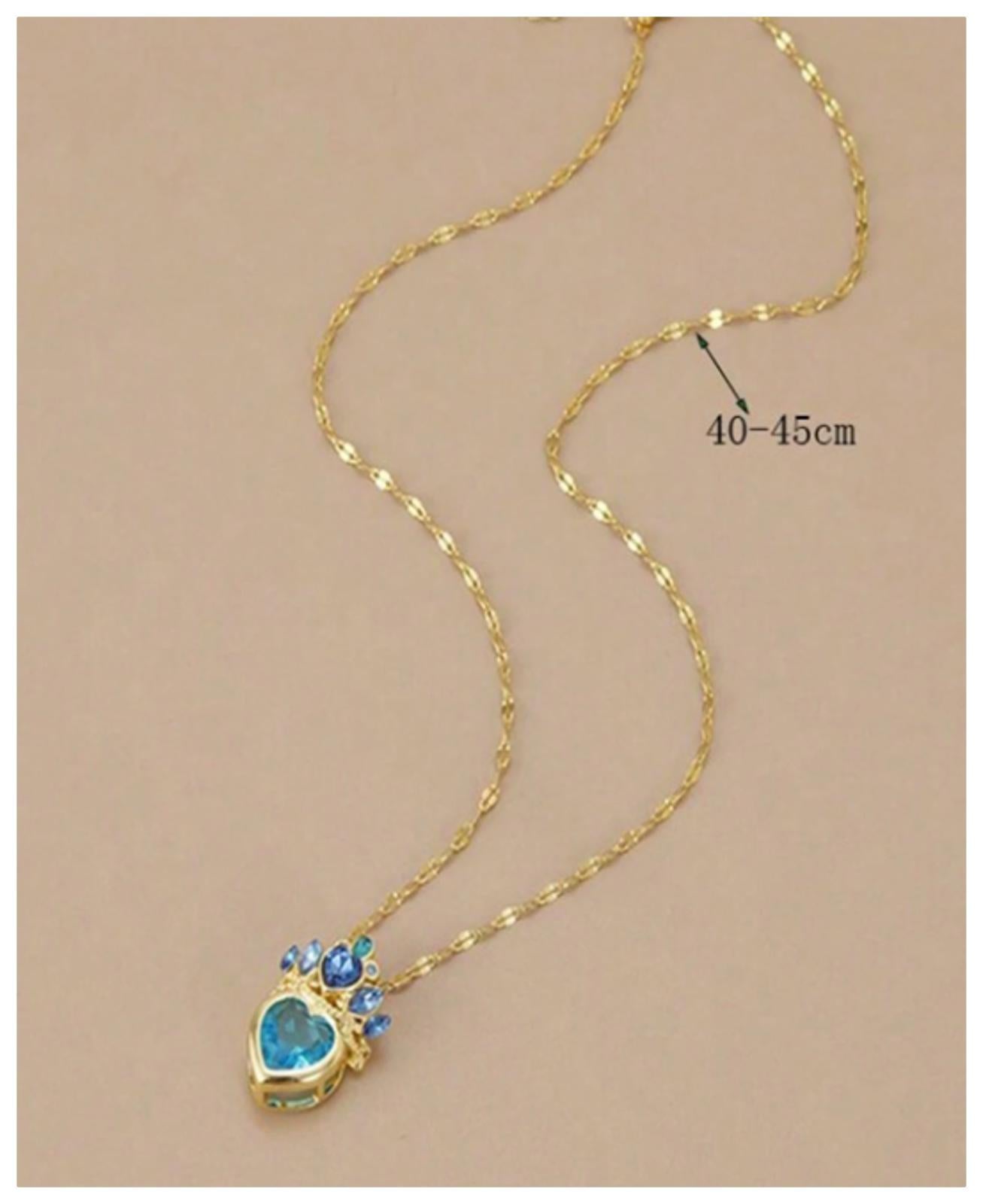Blue heart crown - Necklace - Gold - CZs - 18"