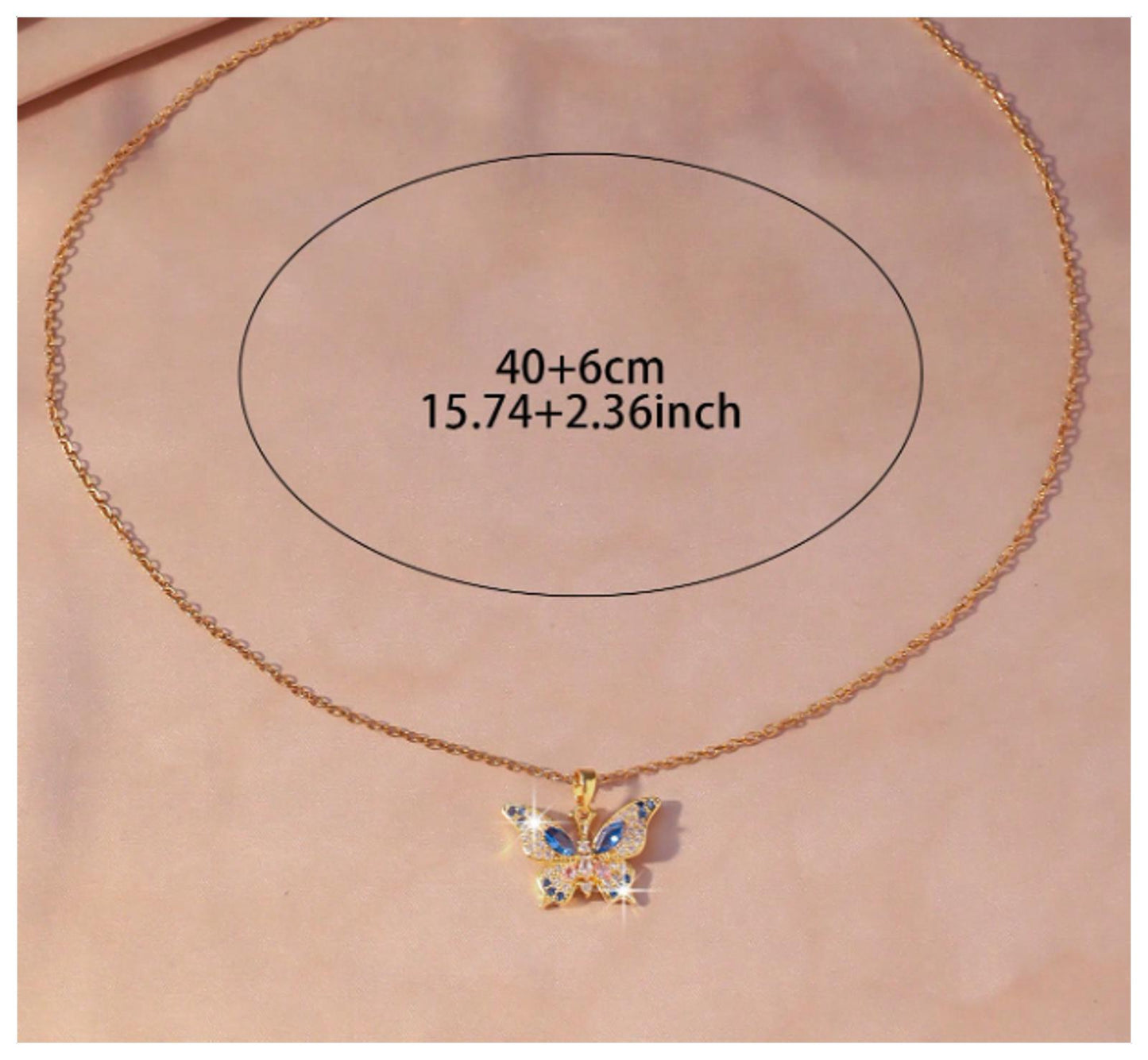 Blue and pink butterfly - Necklace - Silver - CZs - 18"