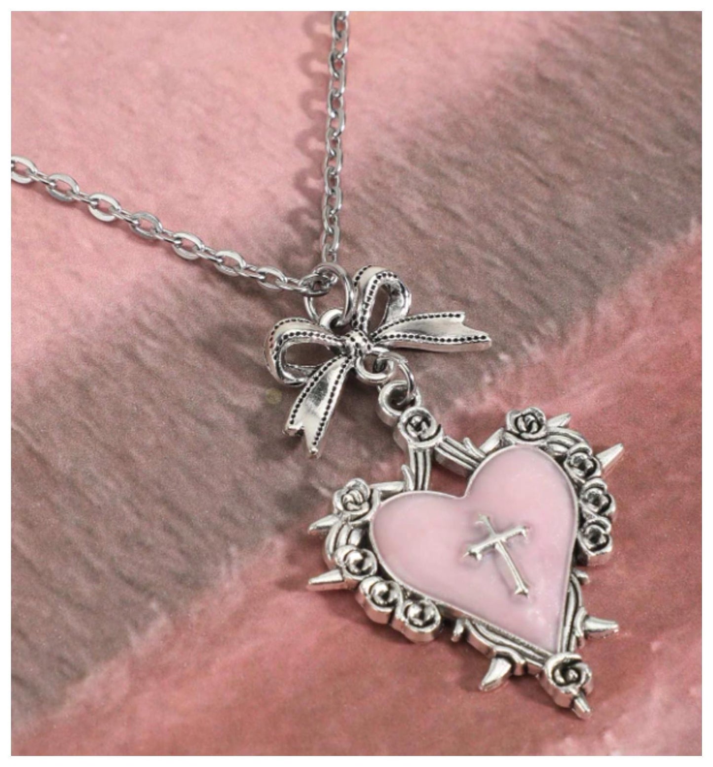 Pink enamel cross heart - Necklace - Silver - 20"