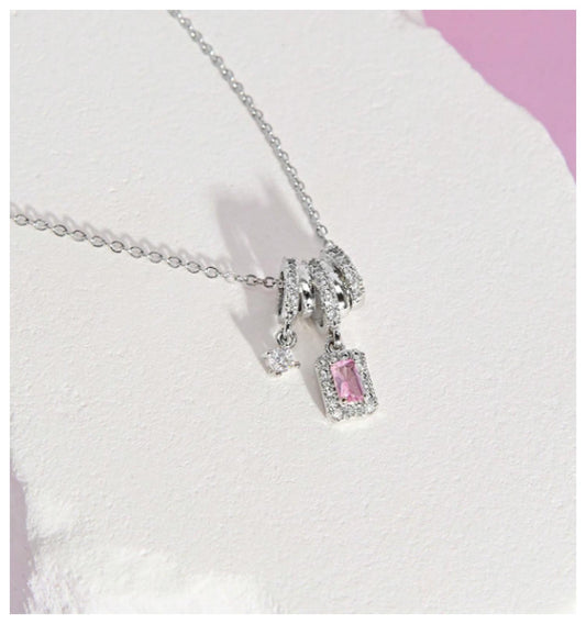 Pink rectangle dangle - Necklace - Silver - CZs - 18"
