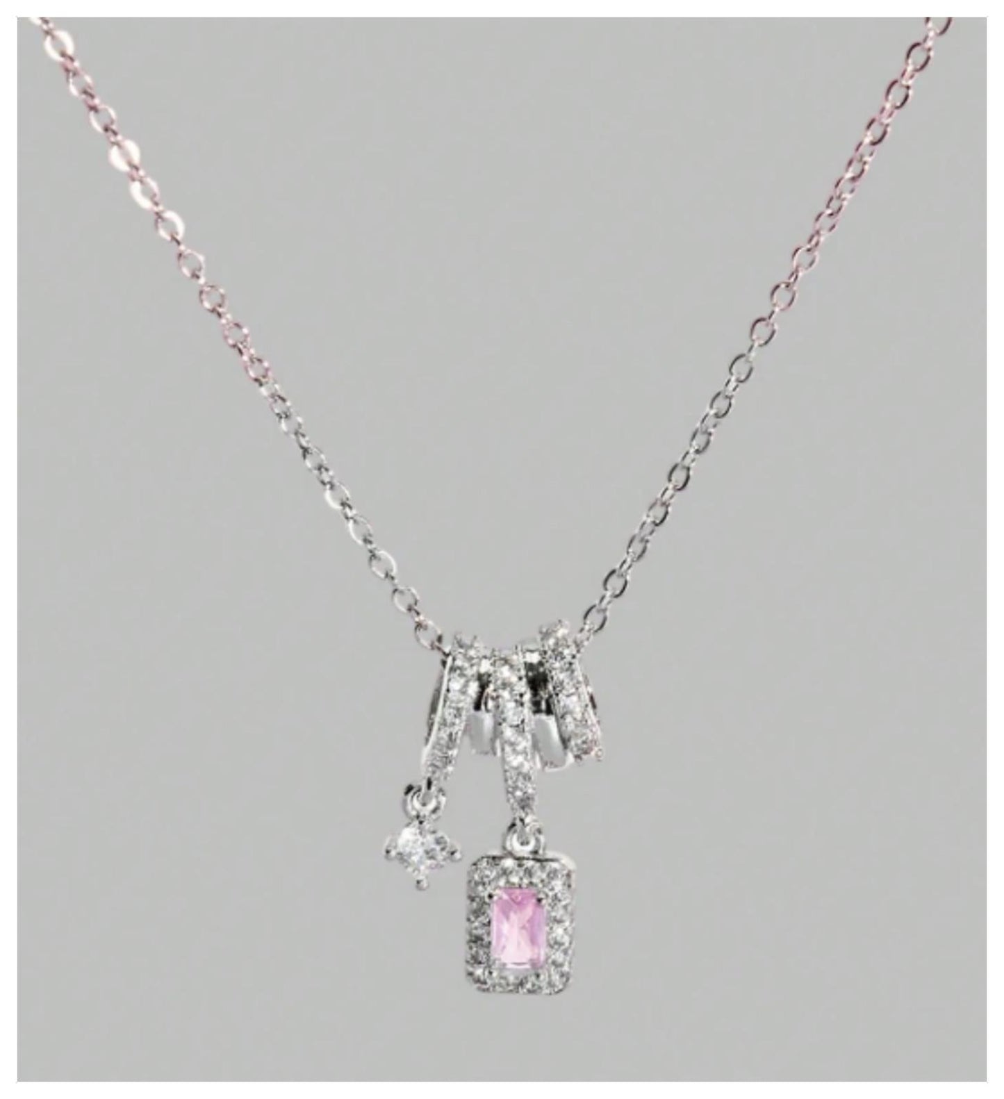 Pink rectangle dangle - Necklace - Silver - CZs - 18"