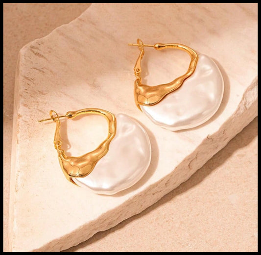 Gold drip imitation pearl hoops - Color - Earrings - Gold - 1.5"