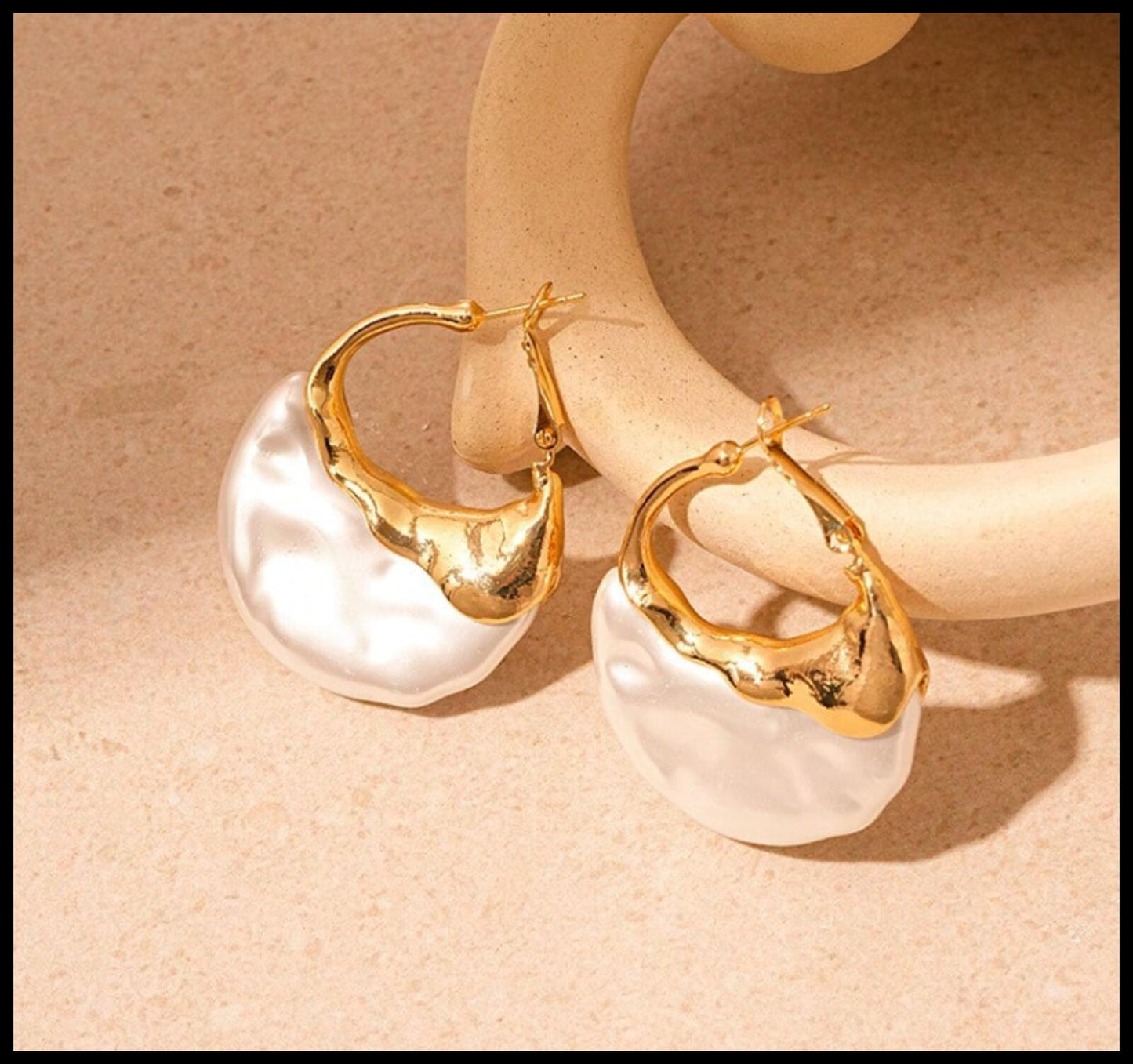 Gold drip imitation pearl hoops - Color - Earrings - Gold - 1.5"